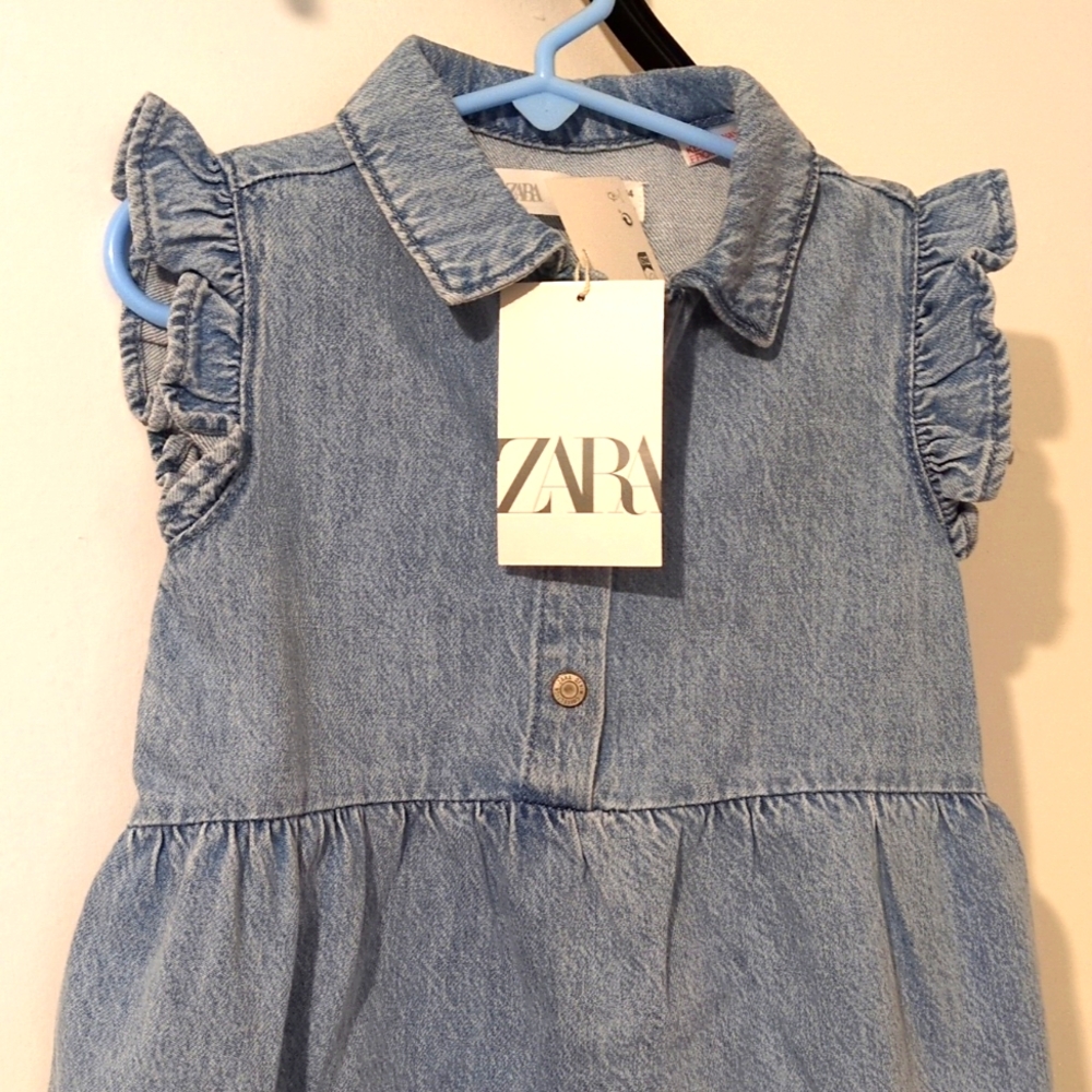 Zara Light Blue Denim Cotton Collar Open Front Top Dress/Headband 3-4 Years. - Picture 2 of 6